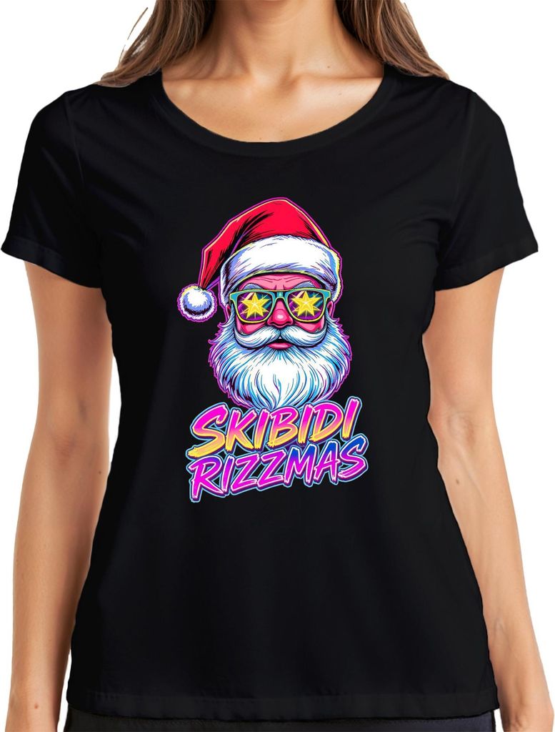 SKIBIDI RIZZMAS Weihnachtsmann Neon Brille Retro 80er Party Lusti Damen T-Shirt, Schwarz, XXL