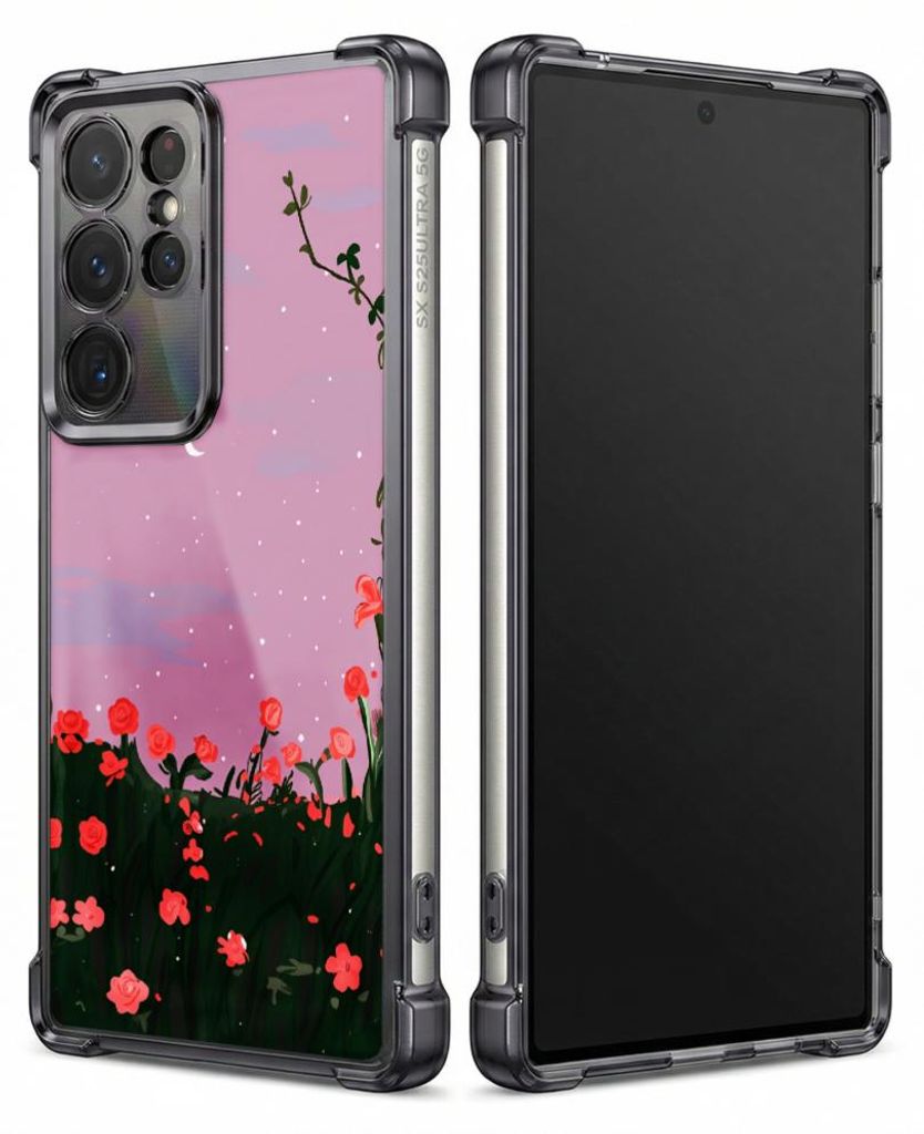 Personalisierte Hülle mit Bild für Samsung Galaxy S25+ Elektroplattiert TPU Stoßdämpfer Handyhülle mit Rosa Himmel Blumenfeld-Ranke