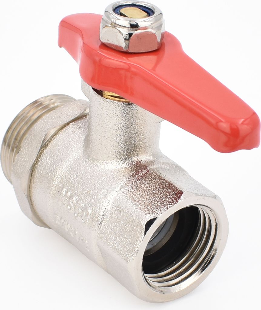 Kugelhahn 3/4 Zoll AG x 1/2 Zoll IG, Messing vernickelt, 30 bar, -0°C bis 120°C, einseitig verlängerter Knebelgriff
