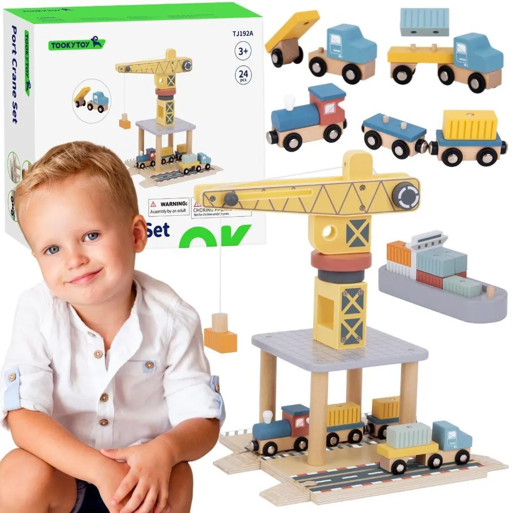 Ensemble de grue portuaire en bois Tooky Toy - Jouet de levage enfant