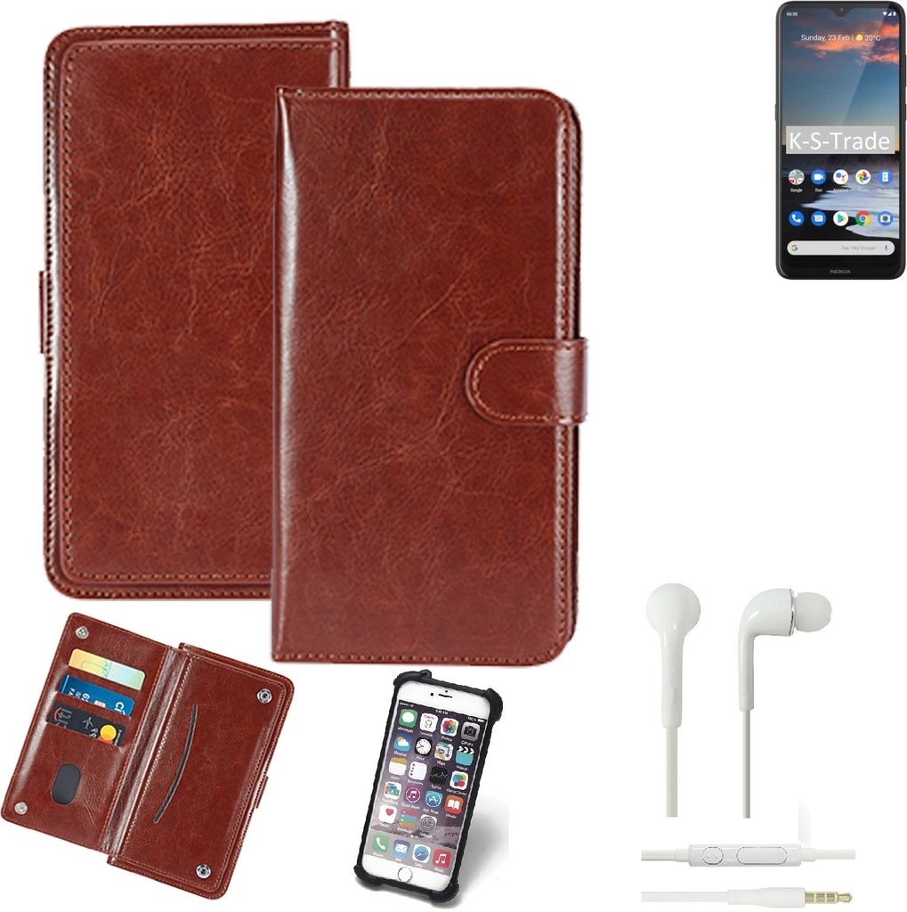 K-S-Trade 360° Hülle kompatibel mit Nokia 5.3 inkl. Headphones braun Kunstleder Case BookCase WalletCase Kunstlederederhülle Handyhülle,