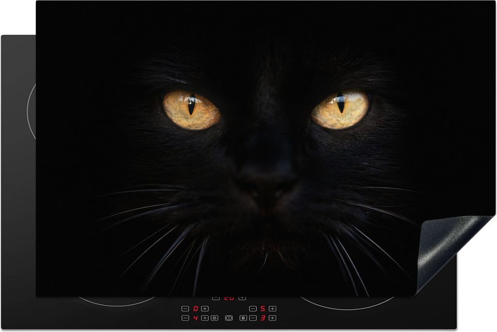 KitchenYeah Herdabdeckplatte Nahaufnahme einer schwarzen Katze , 81x52cm, Küche Deko, Glaskeramikkochfeld Herdabdeckung, Abdeckplatte fùr Kochfeld