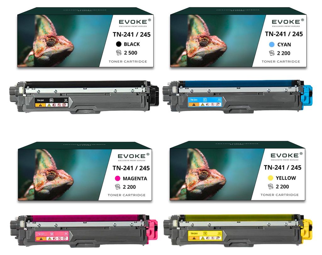 A collage of four toner cartridges and their packaging, each featuring a chameleon.
