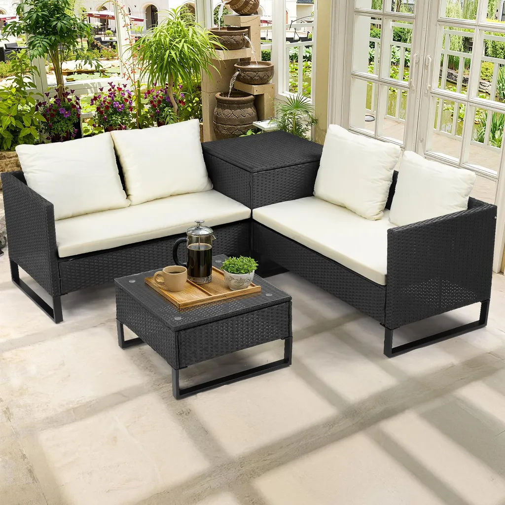 Salon de Jardin avec Coffre de Rangement et Coussins Moelleux Inclus