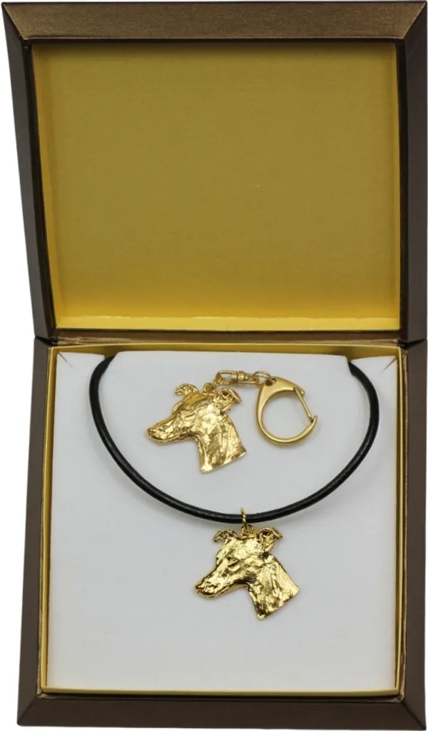 Coffret Whippet lévrier avec porte-clés et collier plaqué or artisanal