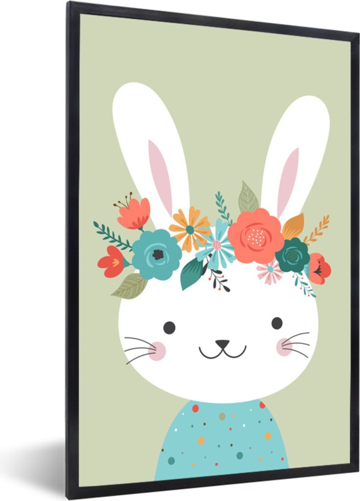 MuchoWow Gerahmtes Poster Kaninchen - Blumen - Tupfen 20x30 cm - Poster mit Schwarzem Bilderrahmen Wandposter Rahmen Foto Bilder - Drucken - Bild...