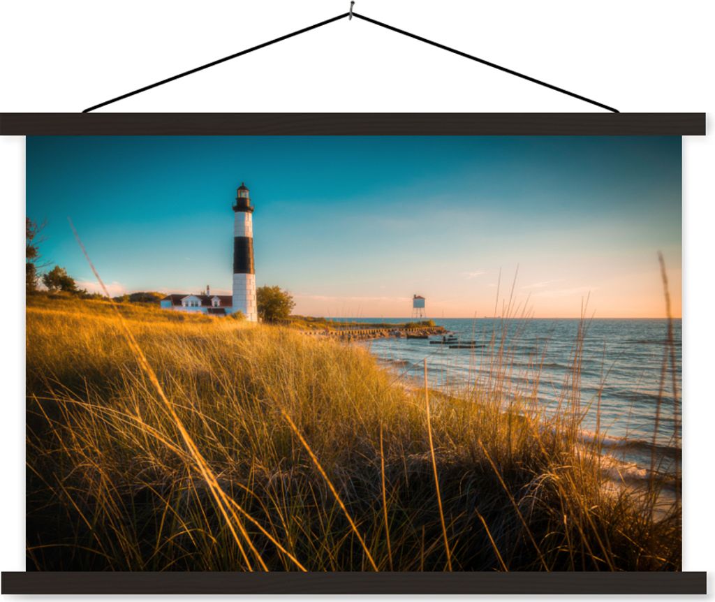 MuchoWow Textilposter Leuchtturm - Meer - Amerika 90x60 cm mit schwarzem Rahmen - Aufhängungssatz