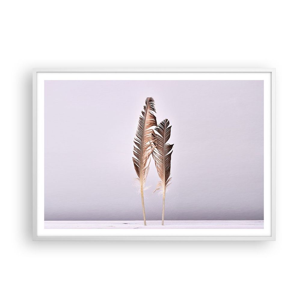 Gerahmtes Poster - Weißer Rahmen - Zwei Federn Flieder - 100x70 cm - Wand Bild - Wanddeko - Wandbilder - Kunstposter - Wandposter - Bilderrahmen -...