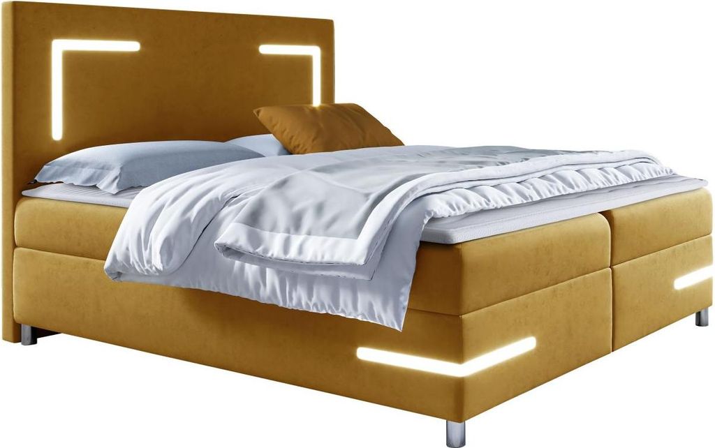 MIRJAN24 Boxspringbett Delos LED, Ehebett mit Hauptmatratze, Topper und LED-Beleuchtung, zwei Bettkästen (Fresh 37, Größe: 200x200 cm)