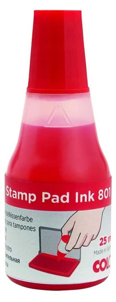 A bottle of red stamp pad ink with a diagram showing how to use it.