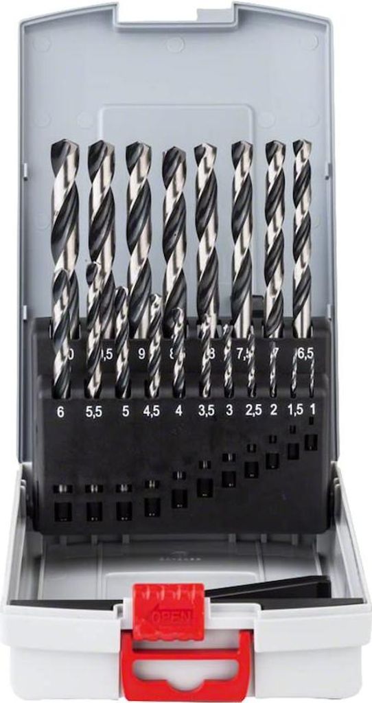 A set of drill bits in a case.