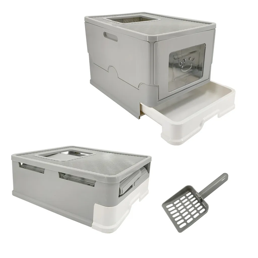 WISFOR Bac à litière avec couvercle gris pliable et design moderne