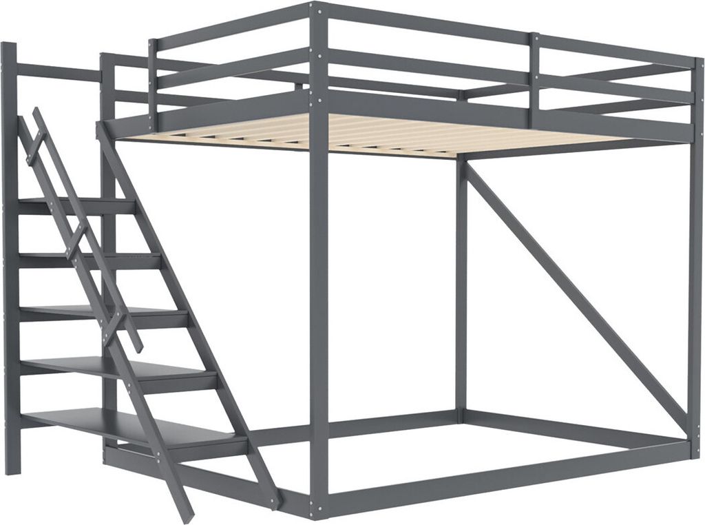 Kinderbett Hochbett(Grau)140x200 mit Sicherheitsleiter, Etagenbett aus Massivholz mit Lattenrost geeignet für Kinder