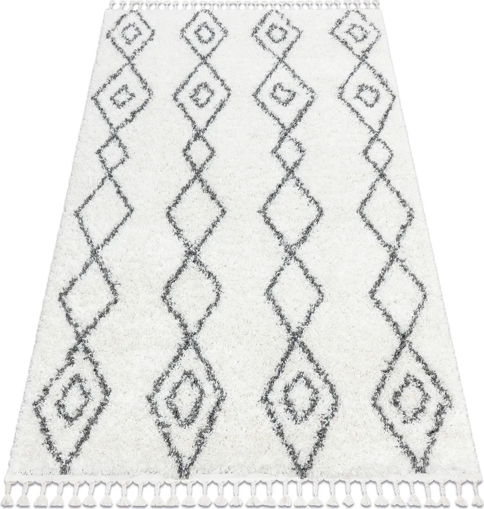 Tapis de Salon Shaggy Blanc 120x170 cm - Style Marocain à Losanges Gris