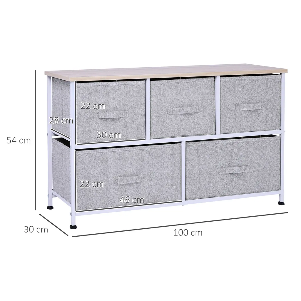 HOMCOM Commode de Rangement 5 Tiroirs 100x30x54cm Acier Blanc et Gris
