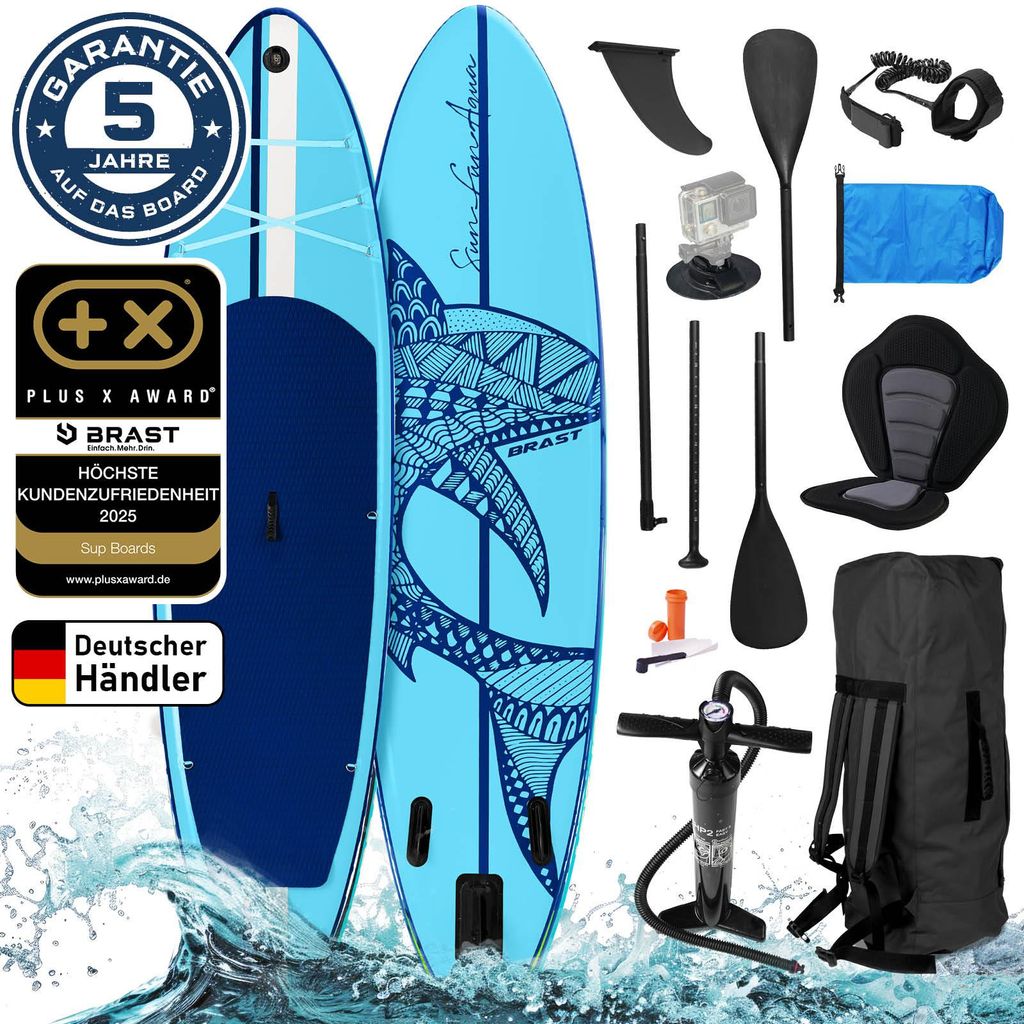 BRAST SUP Board Shark | Aufblasbares Stand up Paddle Set | 320x81x15cm | 8 Designs | inkl. Sonderzubehör | 2in1 Paddel Kajak-Sitz Action-Cam-Halte...