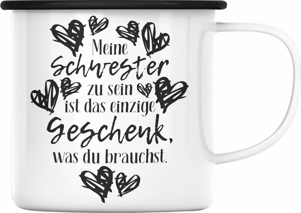 Trendation - Beste Schwester Emaille Tasse Spruch Geschenkidee Geburtstag Schwester von Schwester Bruder (Schwarz)