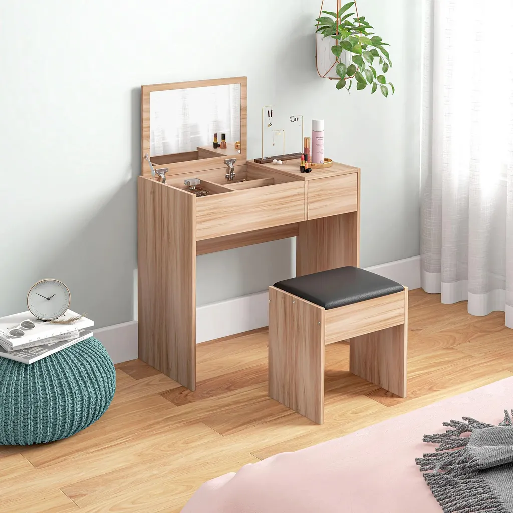 Coiffeuse en bois marron avec tabouret confortable et grands rangements - 2