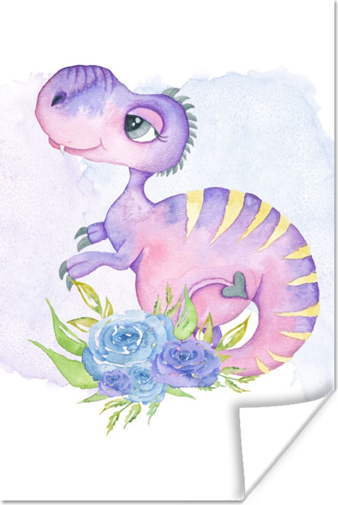 MuchoWow Poster Kinderzimmer - Lila - Dinosaurier - Mädchen - Kinder - Rosa 40x60 cm - Plakate für die Wand - Poster Babyzimmer