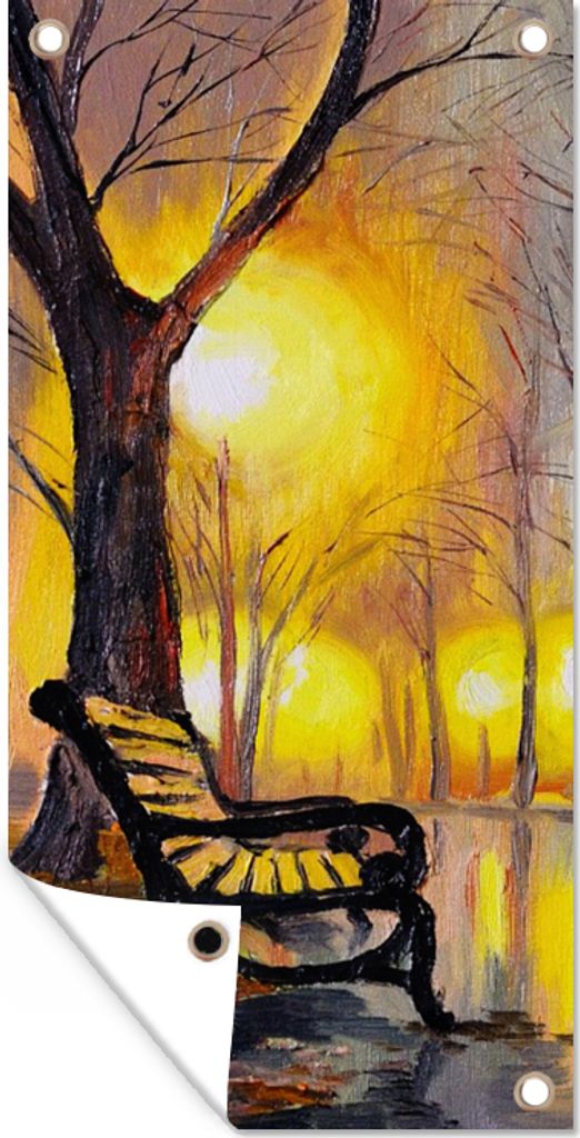 MuchoWow 80x160 cm Outdoor-Poster Gartendeko Sichtschutz Garten Poster für den Garten Malerei - Bank - Wasser - Licht - Öl
