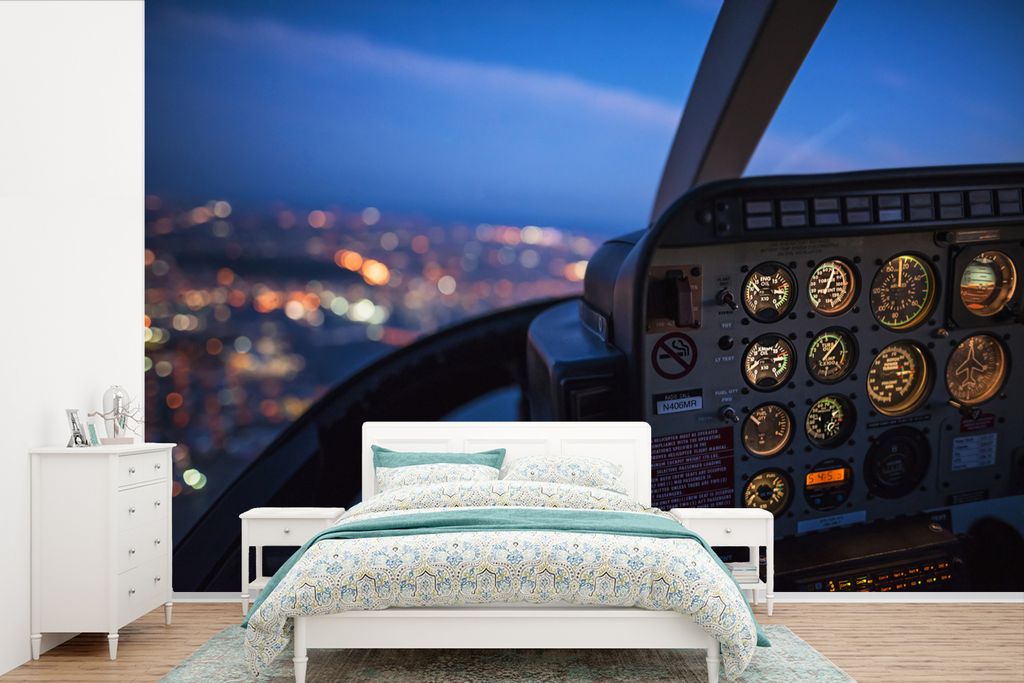 MuchoWow Fototapete für Wohnzimmer oder Schlafzimmer Wandtapete Vinyl Motivtapete Cockpit eines Flugzeugs bei Nacht - 330x220 cm - Fototapeten