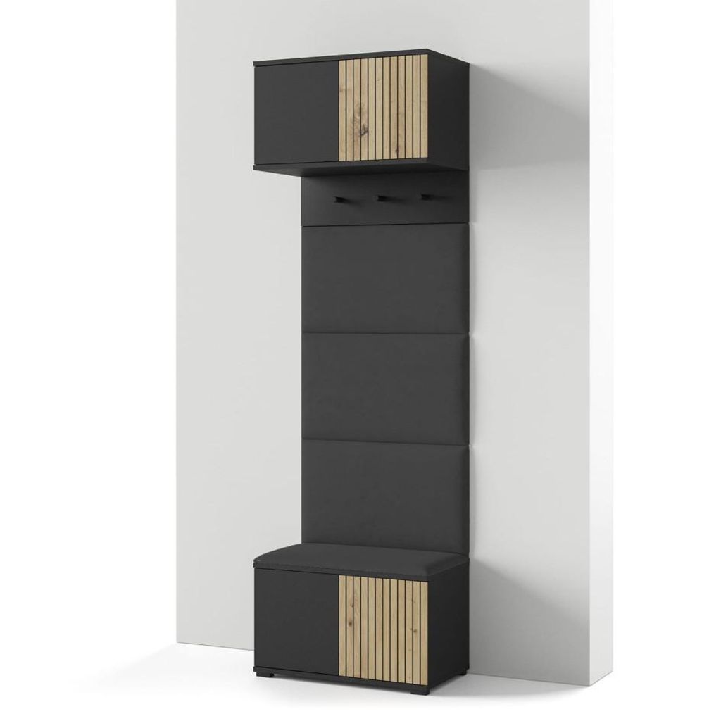 Garderoben-Set Rosario Version 5 mit Lamellen, mit Polsterplatten und Schuhschrank (Schwarz / Eiche Artisan, Trinity 16)