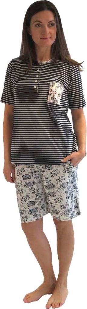 Damen Shorty-Pyjama kurzarm, Oberteil gestreift, kurze Shorts Hose mit Blümchenmuster 191 205 90 881 ; marine , 36