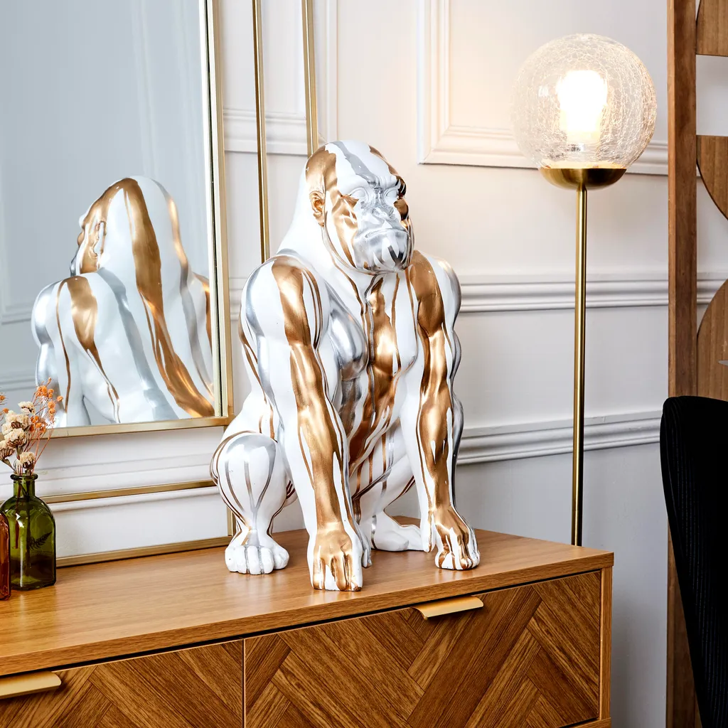 Statue Gorille 45 cm Blanc Finition Coulure Dorée - Déco Street Art