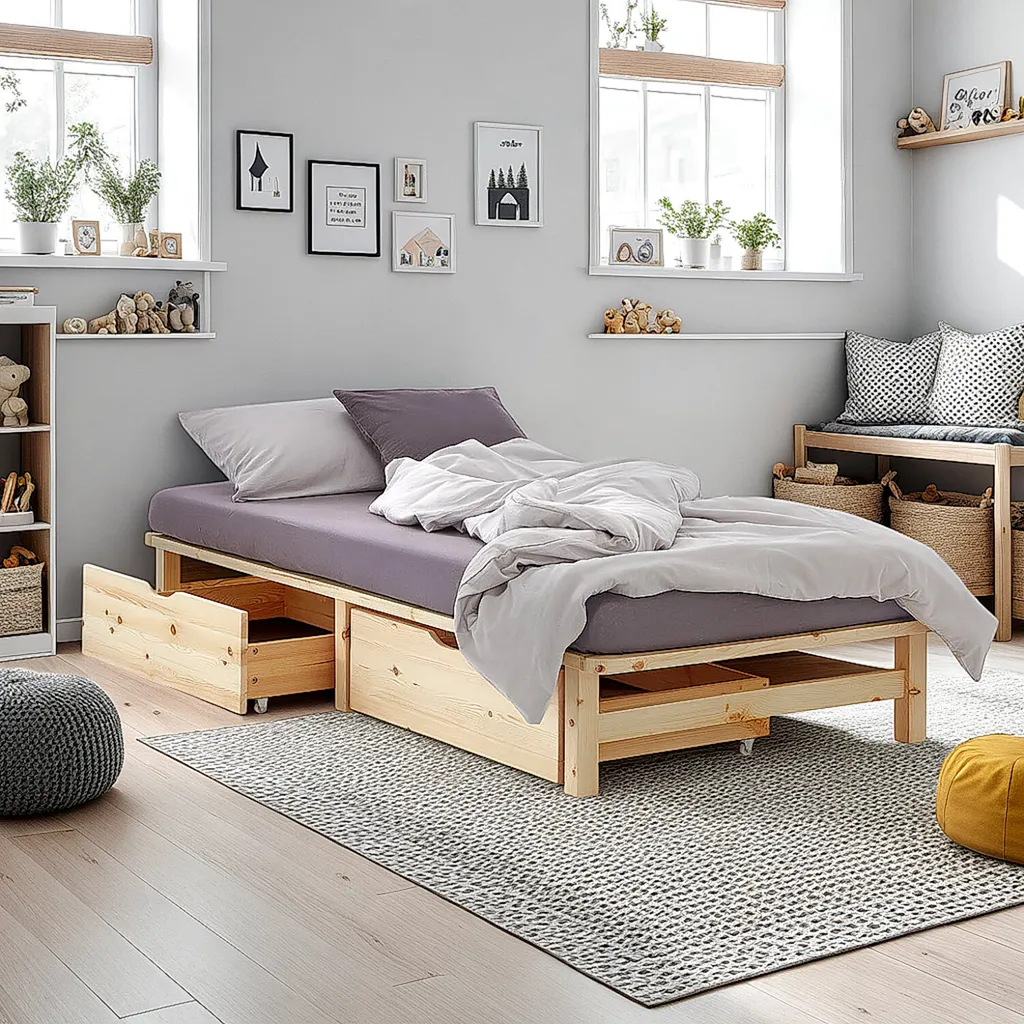 Cadre de lit 100x200 cm avec 2 tiroirs en bois massif et sommier inclus