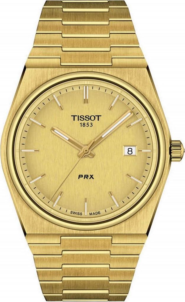 A close-up, front-facing studio shot of a gold Tissot PRX watch against a white background.
