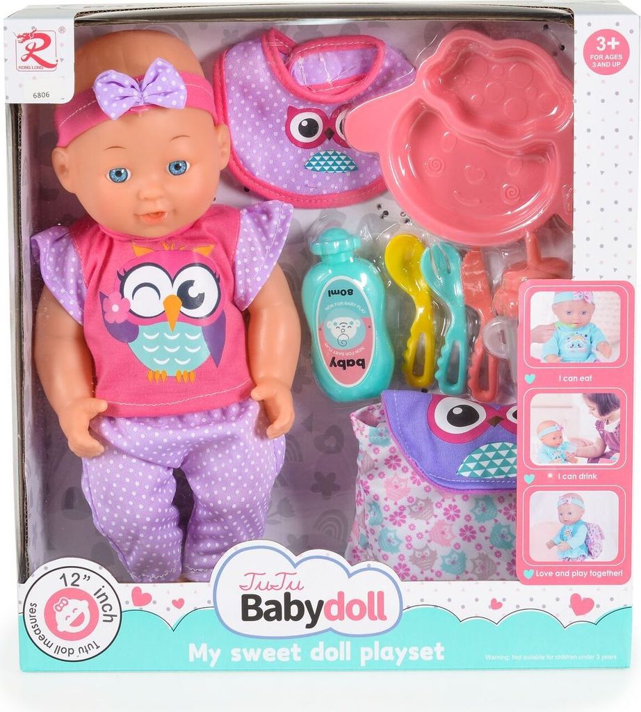 Moni Kinderpuppe 31 cm Rucksack und Zubehör Besteck Lätzchen Kleidung Stirnband lila