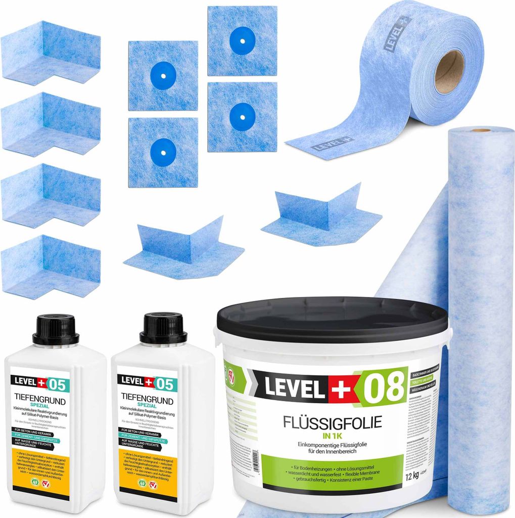 A collection of waterproofing products for bathrooms and showers, including bottles of primer, a tub of liquid membrane, and rolls of sealing tape and membrane.