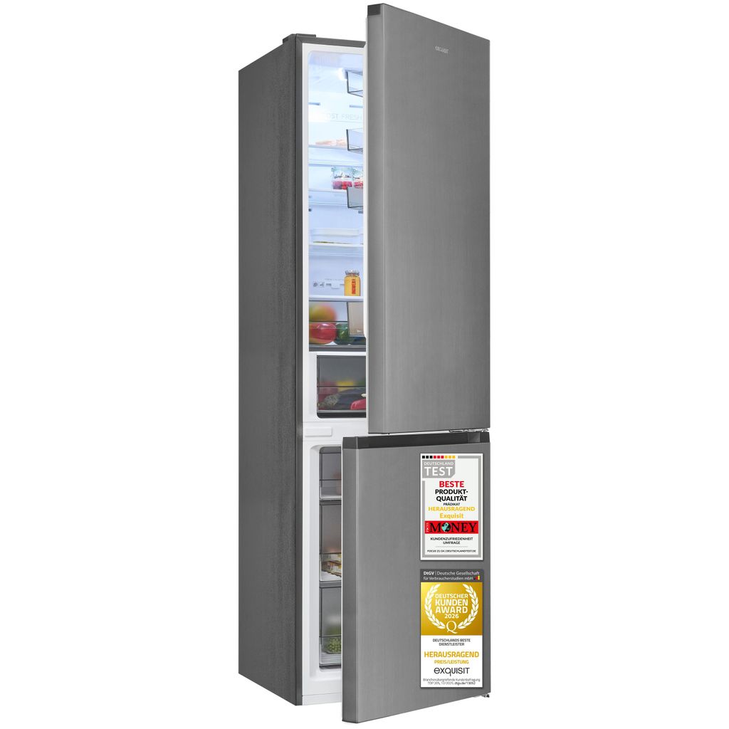 Exquisit Kühl-Gefrierkombination 377 l NoFrost | Energieklasse C | 39 dB | digitale Temperaturanzeige | Schnellgefrieren | KGC380-115-NF-040C inox...