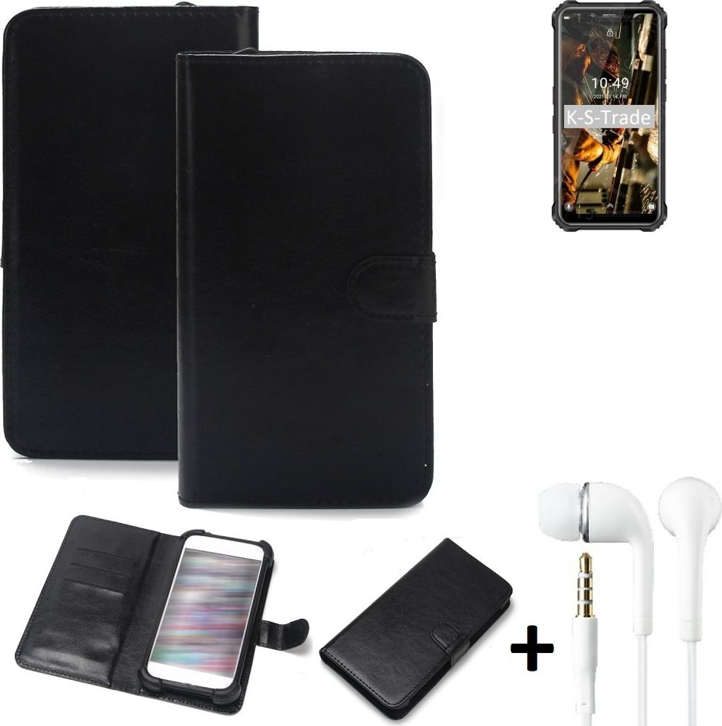 K-S-Trade Wallet Case Handyhülle kompatibel mit Oukitel WP9 Schutzhülle Flip cover Flipstyle Tasche Hülle Flipcover Slim Bumper schwarz + in ear