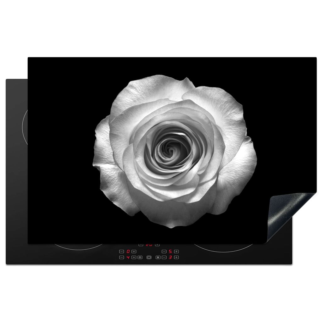 KitchenYeah Herdabdeckplatte Rose - Blume - Schwarz - Weiß , 80x52cm, Küche Deko, Glaskeramikkochfeld Herdabdeckung, Abdeckplatte fùr Kochfeld