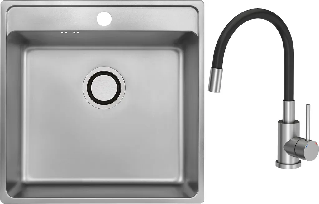 Lavello VBChome Inox 49x48cm Profondità 21cm + Rubinetto Nero Flessibile