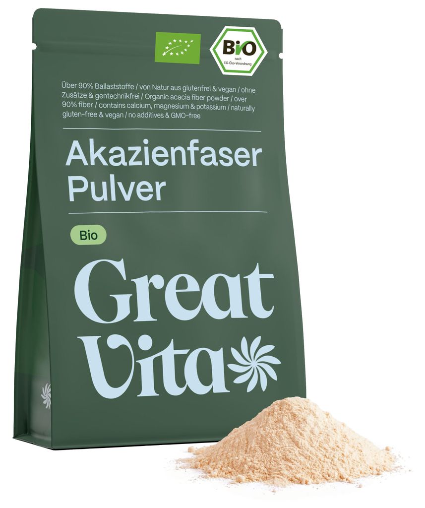 GreatVita Akazienfasern Pulver 400g | aus biologischem Anbau, 90% Ballaststoffe, löslich & geschmacksneutral
