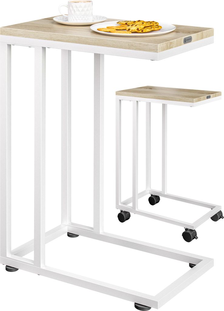 CASARIA Beistelltisch Holz Couch Weiß 40kg Belastbarkeit 70cm Hoch 50x35cm Tisch Klein mit Rollen Laptop Kaffeetisch C Form Wohnzimmer Nachttisc...