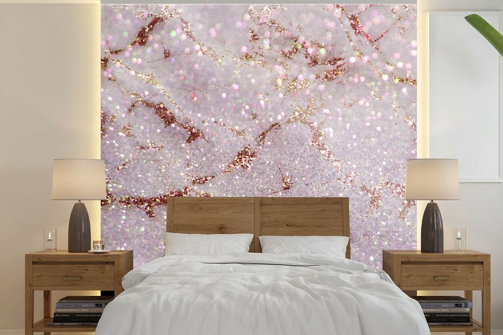MuchoWow Fototapete für Wohnzimmer oder Schlafzimmer Wandtapete Vinyl Motivtapete Marmor - Lila - Glitter - 350x350 cm - Schlafzimmertapete