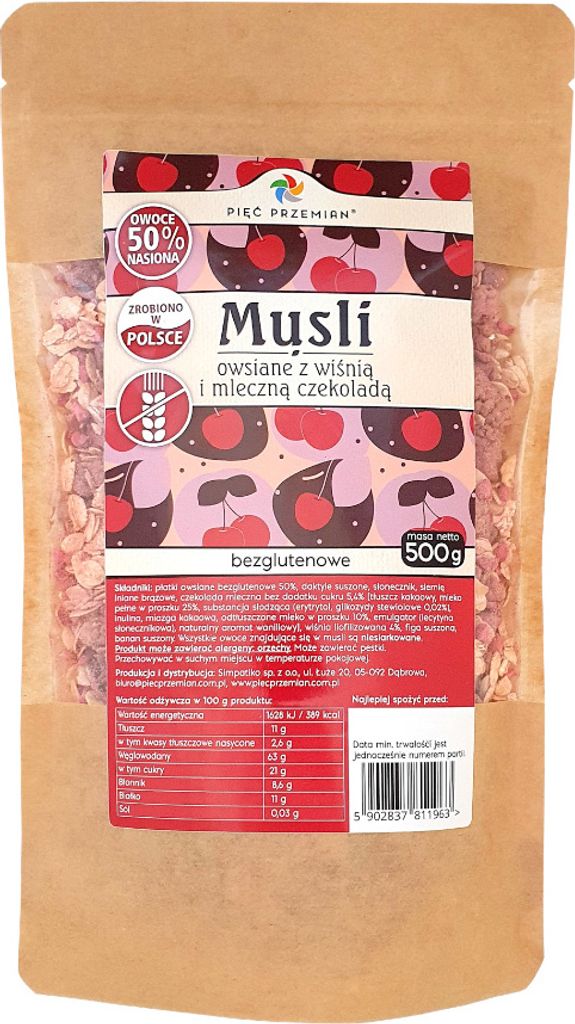 GLUTENFREIES HAFERMÜSLI MIT KIRSCHEN UND MILCHSCHOKOLADE 500 g – PIĘĆ PRZEMIAN