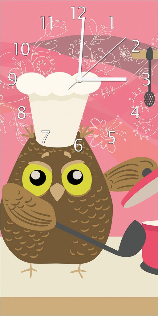 Wallario Design Wanduhr bedruckt, Größe 30 x 60 cm, Motiv: Lustige Eule beim Kochen mit Kochmütze