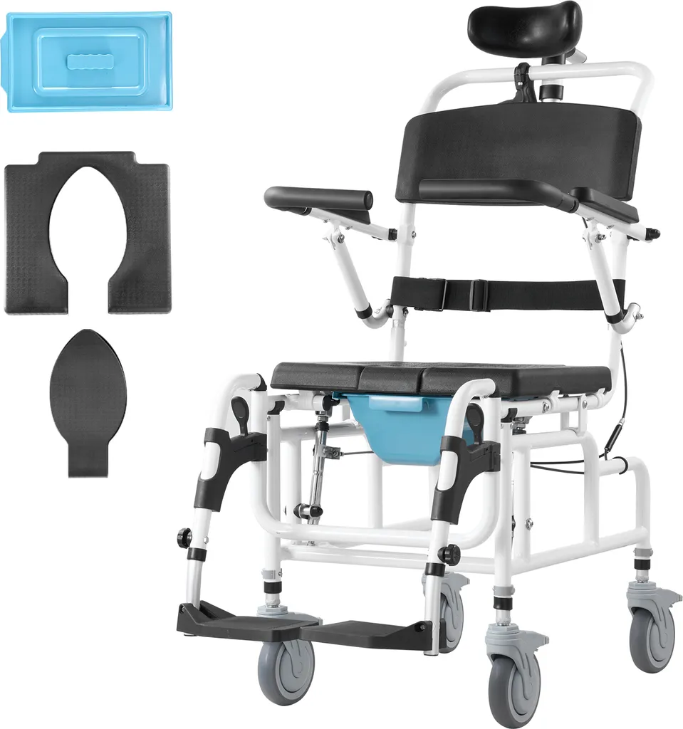 Chaise de douche roulante avec freins et assise réglable pour adultes