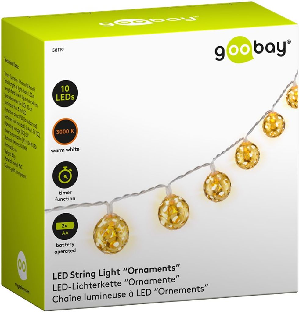 goobay 10er LED-Lichterkette "Ornamente" mit Timer warmweiß 3000 K 1,3 m (1er Faltschachtel)