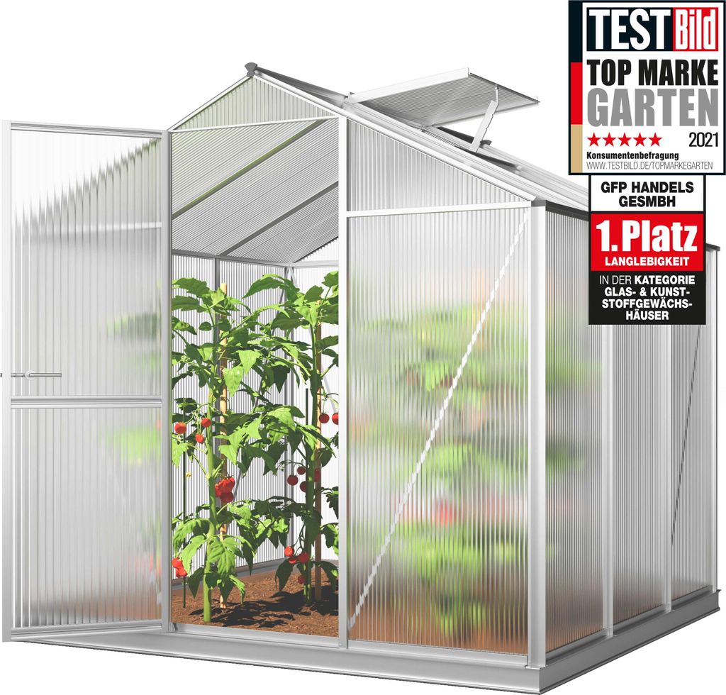 GFP Gewächshaus ECO-Star 3 Alu-Rahmen 192x192 cm 6 mm Doppelstegplatten, mit Fundamentrahmen automatischer Fensteröffner