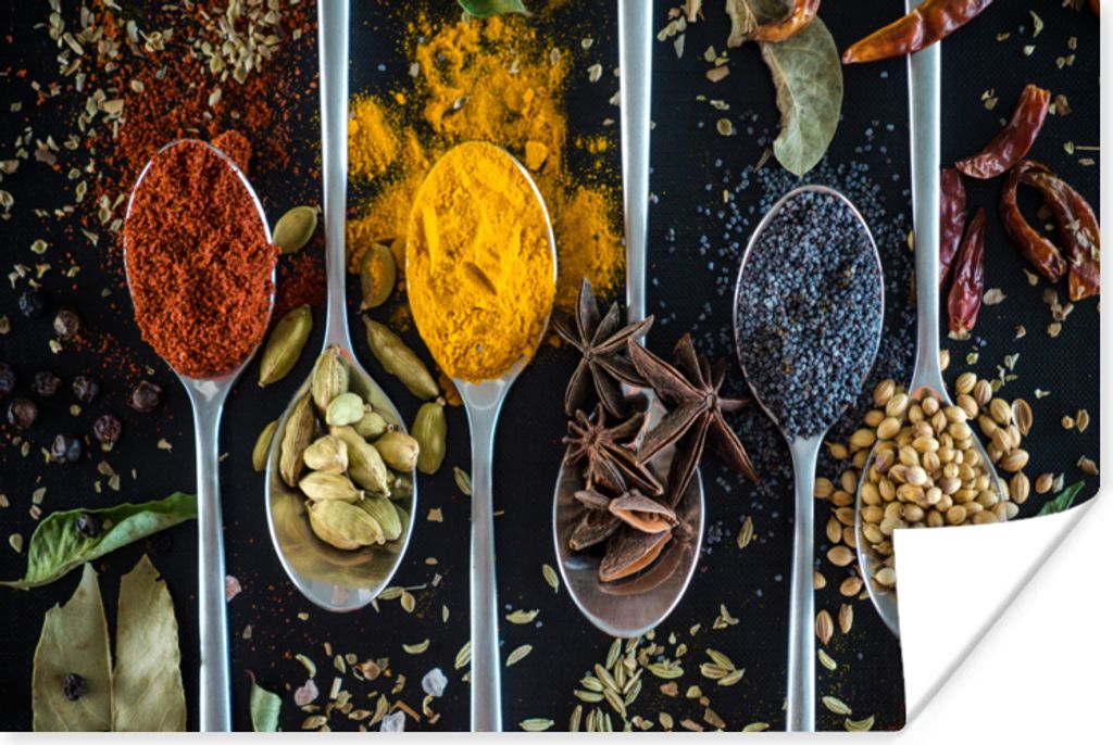 MuchoWow Poster Löffel - Gewürze - Kräuter - Lebensmittel - Tisch 60x40 cm - Schlafzimmerdekoration