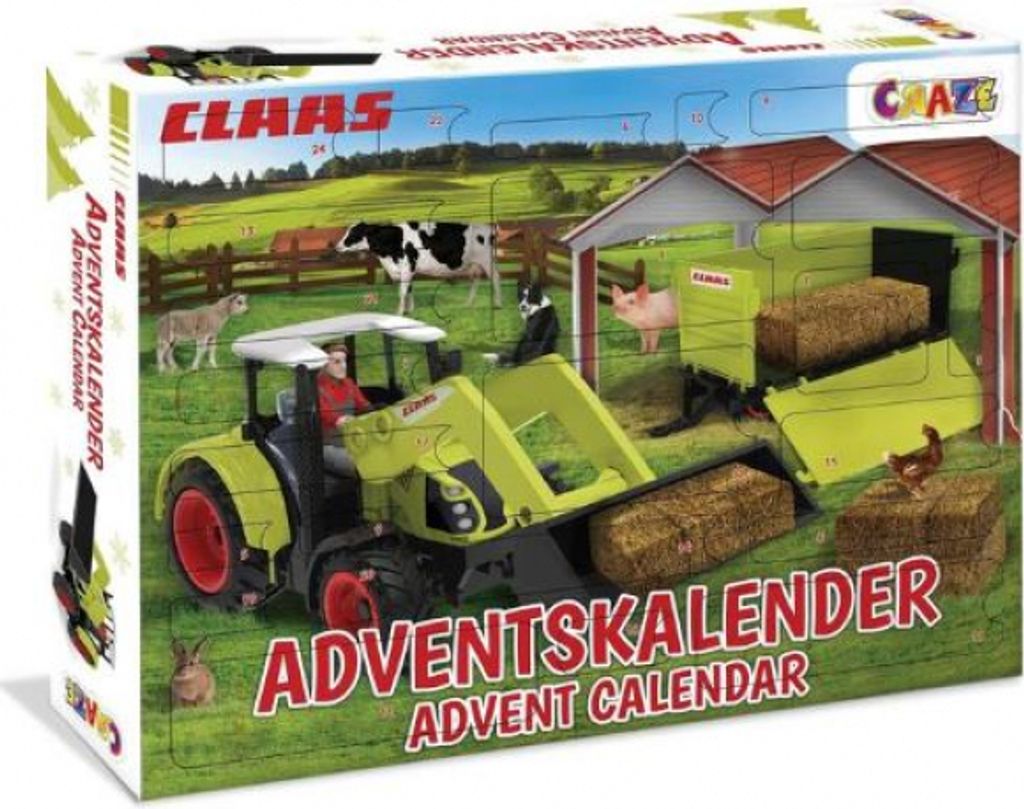 A Claas advent calendar with a farm scene, featuring a tractor, hay bales, and farm animals.