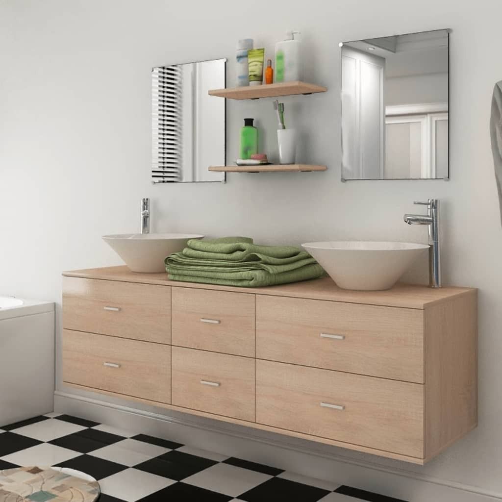 The Living Store 9-tlg. Badmöbel-Set mit Waschbecken und Wasserhahn Beige