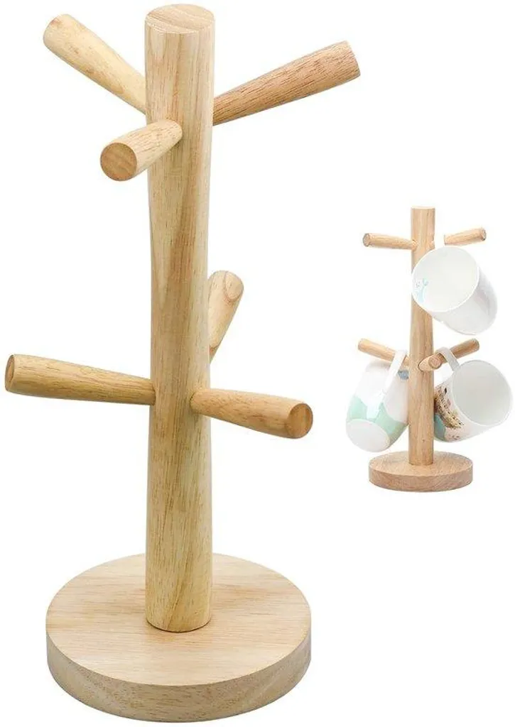 Arbre à tasses en bois massif support 6 mugs pour comptoir de cuisine