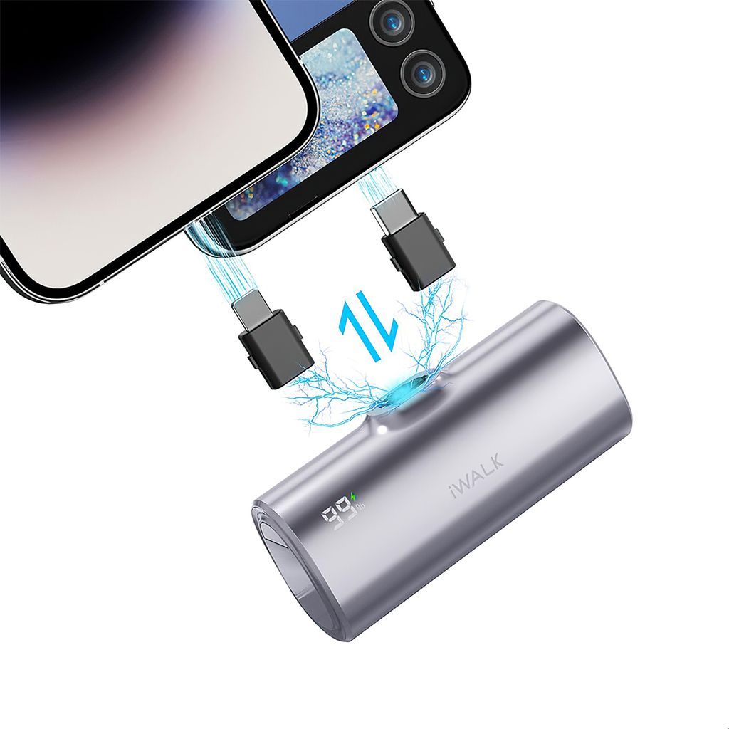 A silver portable charger is shown connected to two phones via USB-C cables, with blue lightning graphics indicating charging.