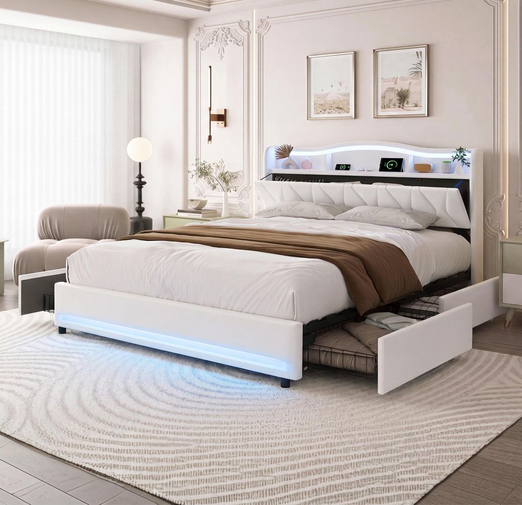 Polsterbett 140x200 cm mit Stauraum, LED, Ladestation, Produktbild 